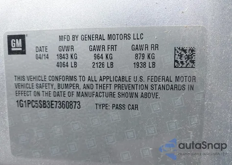 2014 Chevrolet Cruze 1Lt from USA, damaged, VIN 1G1PC5SB3E7360873